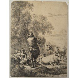 Nicolaes Berchem "Pastor cantand la flaut" gravura veche 1644-45