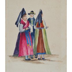"Grup de oameni in costume traditionale" veche acuarela