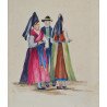 "Grup de oameni in costume traditionale" veche acuarela