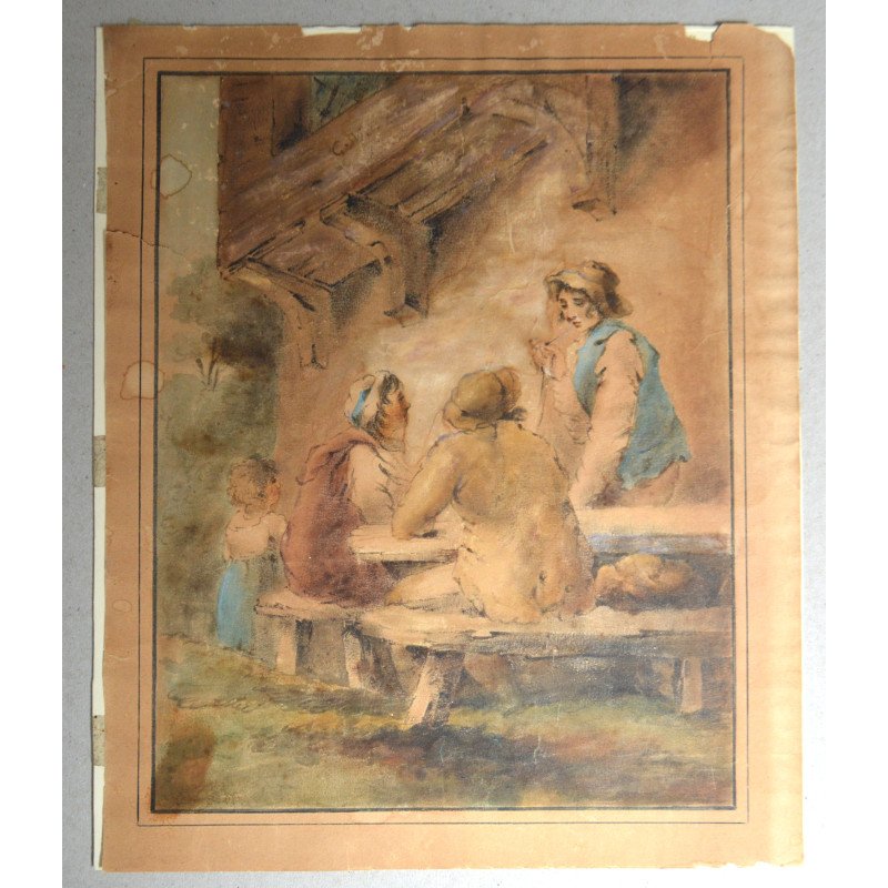 "Scena de taverna" veche acuarela in stilul lui George Morland