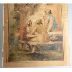 "Scena de taverna" veche acuarela in stilul lui George Morland