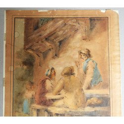 "Scena de taverna" veche acuarela in stilul lui George Morland