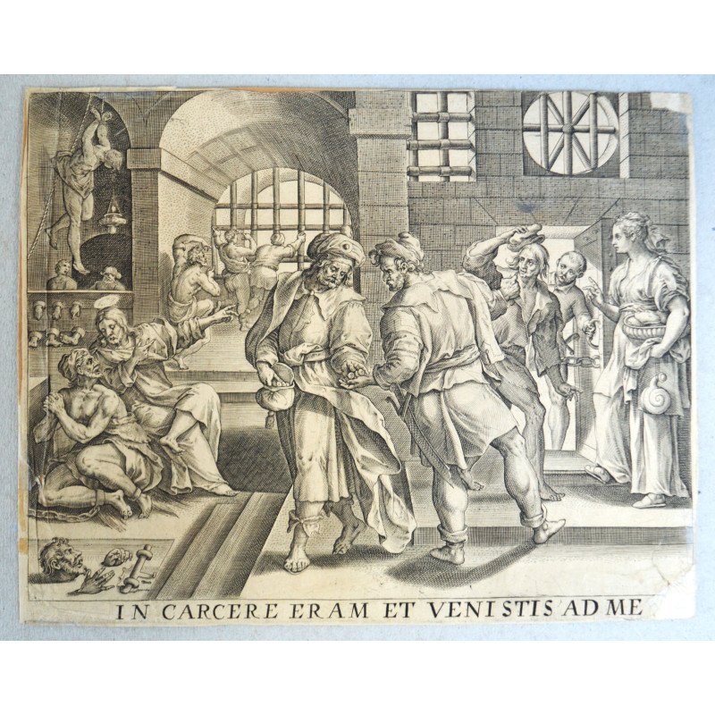 Marteen de Vos "The Seven Acts of Mercy" gravura veche 1580