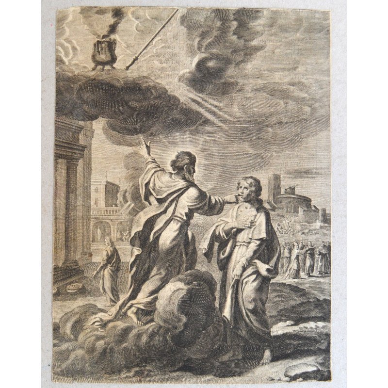 Matthias Scheits "Viziunea lui Ieremia despre o oală care fierbe" gravura veche 1672